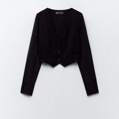 Vest Button Down Top With Mesh Long Sleeve. Zara Classic Black Tops, Classic Black Zara Top, Classic Black Blouse For Layering, Zara Black Button-up Tops, Zara Black Top With Button Closure, Zara Formal Tops With Buttons, Cropped Suit, Black Mesh Crop Top, White Boho Blouse