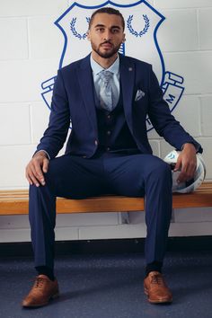 The Everton Collection | Dominic Calvert-Lewin In The MAX Royal Blue Suit Suit To Match Royal Blue Dress, Royal Blue Three Piece Suit Men, Blue Suit With Blue Shirt, Teal Blue Suit, Luxury Classic Royal Blue Suits, Taxido Suit, Navy Suits, Luxury Fitted Blue Three-piece Suit, Navy Wedding Suit Groom