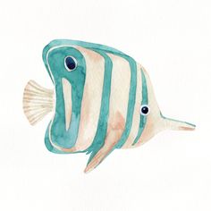 a watercolor painting of a blue and white striped fish