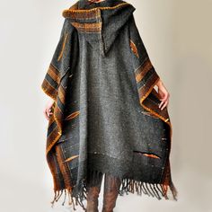 Dark Gray Handwoven Poncho Sold Accepting custom by subrosa123 Traditional Handmade Winter Cape, Handmade One Size Cape For Fall, Handmade One-size Cape For Fall, Handmade One-size Fall Cape, Artisan Poncho For Fall One Size, Artisan Poncho For Fall, Artisan Shawl For Fall, Black Bohemian Handwoven Poncho, Bohemian Black Handwoven Poncho