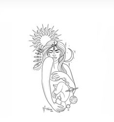 a black and white drawing of a woman holding a baby in her arms with sun above her head