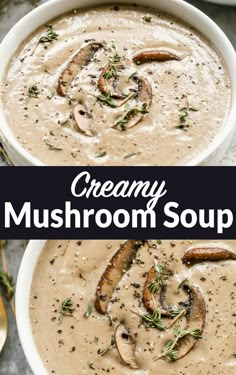 creamy mushroom soup in a white bowl topped with fresh herbs