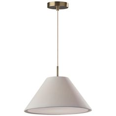 a white light hanging from the ceiling with a gold metal frame and an inner shade