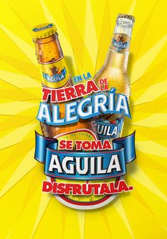 two bottles of alegria beer sitting on top of a yellow background