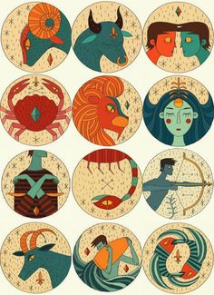 twelve zodiac signs in different colors and sizes, including one with an animal's head