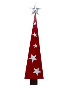 a red and white christmas tree with stars on it's top, against a white background