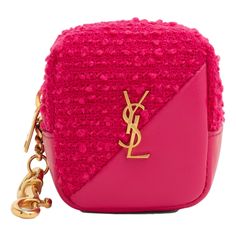 The Saint Laurent Jamie Cube Charm Is A Stylish Addition To Your Keyring. The Tweed And Leather Design Of This Charm Are Enhanced By The Bold Magenta Color. Perfect For Ladies On The Go Who Like To Keep The Bare Essentials At Hand. This Is An Elegant Way To Carry Your Id And Credit Cards. Features Gold-Tone Hardware, Ysl Logo Emblem Detail, Zip Closure And Snap Hook. Model: 669964 Magenta Tweed And Leather Gold-Tone Hardware One Interior Compartment Zip Closure Measurements: 2.4"L X 2" X 2.4" (L Saint Laurent Card Holder, Magenta Color, Ysl Logo, Color Magenta, Logo Emblem, Saint Laurent Paris, Handbag Charms, Designer Wallets, The Saint