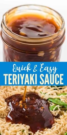 quick and easy teriyaki sauce in a glass jar with noodles on the side