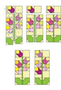 four different sections of the same pattern, each with different colors and shapes on them