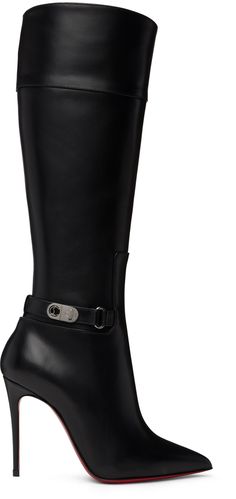 Buy from $1795.00: Handcrafted knee-high buffed calfskin boots in black. · Pointed toe · Logo-engraved ankle strap · Zip closure at inner side · Covered stiletto heel with rubber injection · Signature red leather sole · Heel: H4 in Supplier color: Black Boots With A Heel, High Heeled Boots Aesthetic, Black Pointy Boots, Black Stiletto Boots, Red Bottom Boots, Boots With Heels, Knee High Black Boots, Red Bottom High Heels, Knee High Heel Boots