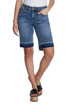 Partially made with sustainably sourced fibers, these stretchy Bermuda shorts feature a relaxed fit and released hems that create a modern silhouette. 11" inseam; 19" leg opening; 10 1/2" front rise Zip fly with button closure Five-pocket style 69% cotton, 27% REPREVE® recycled polyester, 3% rayon, 1% spandex REPREVE recycled polyester is made from 100% post-consumer recycled plastic bottles Machine wash, tumble dry Imported Casual Mid-rise Bermuda Shorts With Frayed Hem, Mid-rise Bermuda Shorts With Frayed Hem And Relaxed Fit, Relaxed Fit Bermuda Shorts With Frayed Hem, Mid-rise Bermuda Shorts With Frayed Hem In Medium Wash, Mid-rise Medium Wash Bermuda Shorts With Frayed Hem, Mid-rise Medium Wash Cotton Bermuda Shorts, Dark Wash Relaxed Fit Knee-length Jean Shorts, Spring Mid-rise Dark Wash Bermuda Shorts, Mid-rise Bermuda Shorts With Double Layer