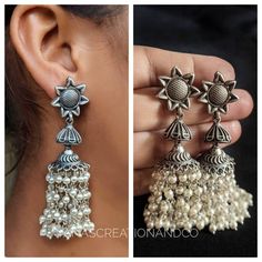 Add charm and charisma to your beautiful personality with these exquisitely designed and handcrafted high quality suryankanti earrings lined with fine lustrous pearls.Pair them up with any formal or semi formal attire and gather compliments wherever you go. Suitable for both casual and dressy occasions.Colour: Antique Length 2.8 inches Each earring weighs 12 gms (lightweight)*****************************************Note: All in stock items will be shipped from New Delhi, India within 2-3 busines Bohemian Silver Bridal Earrings With Latkans, Bohemian Bridal Earrings With Latkans In Silver, Bohemian Bridal Silver Earrings With Latkans, Elegant Dangle Jhumkas For Festivals, Elegant Silver Jhumkas For Festival, Traditional Metal Earrings With Pearl Drop, Elegant Heavy Jhumkas For Festival, Silver Pearl Earrings With Intricate Design For Celebrations, Elegant Jhumkas For Festive Occasions