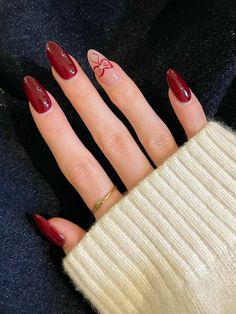 Autumn nails | fall nails | nail inspo | red nails | burgundy nails | bow nail art | gem nail art | acrylic nails | gel nails | seasonal nails | halloween nails | christmas nails | festive nails Christmas Nails Ballerina Shape, Red Ribbon Nails, Nail Inspo Burgundy, Wine Nails Designs, Red Nails Burgundy, Red Nails With Bow, Red Bow Nails, Simple Autumn Nails, Nail Inspo Red