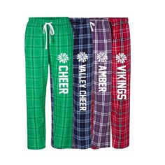 Personalized Cheerleader Pom Pom Plaid Flannel Pajama Pants Our pajama pants come printed with the pom pom and personalization down the leg in white.  Select the color and size from the drop down menus.  Please include your name telephone number in the notes to seller section on the checkout page in case we have any questions.   We will automatically capitalize the first letter of each name.  All other letters will be lower case. Suggested conversion from Unisex to Women's Sizing: XXS 00 XS 0-2 S 4-6 M 8-10 L 12-14 XL 14-16 XXL 16-18 Features pockets, covered elastic waistband taping, longer length roomy cut. Constructed from super-soft 4oz 100% cotton flannel.  Sized Adult S-XXXL  Unisex Fit These are nonreturnable and nonrefundable - please contact us with any questions regarding sizing. Team Pajama Pants, Pajama Day At School, Flannel Pjs, Pj Pant, Pajama Day, Cheer Squad, Flannel Pajama Pants, Flannel Pants, Cheer Team