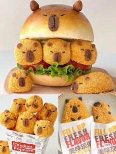 a sandwich made to look like teddy bears with fish fingers on it and other food items