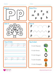 the letter p worksheet for preschool with pictures of letters and numbers to print