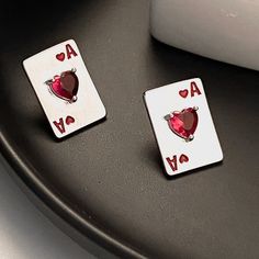 Silver Playing Card Stud Earrings Ace Of Hearts Silver Heart Earrings For Party On Mother's Day, Silver Heart Earrings For Mother's Day Party, Hearts Playing Cards, Ace Of Hearts, Playing Card, Lady In Red, Playing Cards, Jewelry Earrings, Stud Earrings