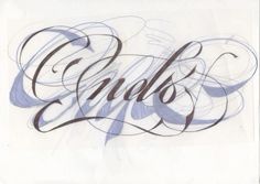 the word chaos written in cursive writing with swirls and curves on white paper