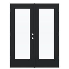 a black double door with two glass panels