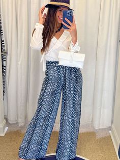 You're off to Ibiza, and you need a great resort outfit to look and feel like the bon vivant you dream of. We think there’s nothing better than a pair of palazzo pants for stepping out in serious warm-weather style. Made from a cool blend of cotton and rayon, the Peyton Palazzo Pant is soft and comfortable—ideal for daytime or nighttime. These playful pants with their island hopping style in a muted Mediterranean blue and soft white tropical pattern are sure to become one of your favorite travel Trendy Ankle-length Pants For Vacation, Wide Leg Pants For Spring Vacation, Trendy Wide Leg Beach Pants, Chic Wide Leg Summer Pants, Chic Wide Leg Pants For Brunch, Luxury Bohemian Cotton Palazzo Set, Chic Summer Pants, Trendy Vacation Pants, Bohemian Wide Leg Pants For Spring Vacation