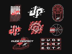 some type of stickers on a black shirt with red and white lettering that says dude perfect