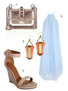 a woman's outfit and accessories including shoes, handbags, purses and heels