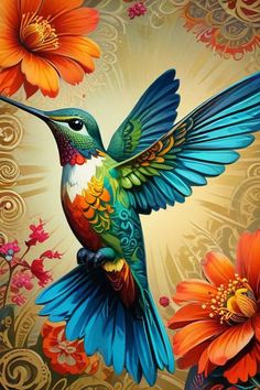 a painting of a colorful hummingbird with orange flowers