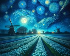 a painting of tulips and windmills with the night sky in the background