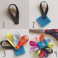 four pictures showing how to make an origami flower out of ribbon and scissors