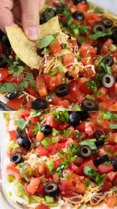 a person dipping a tortilla into a dish with black olives and tomatoes