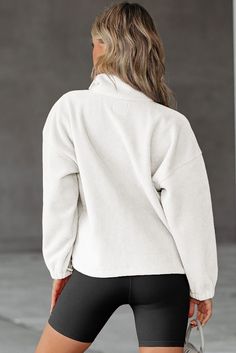 White Half Button Pocketed Fleece Pullover Sweatshirt Winter Sweatshirt With Buttons, Winter Long Sleeve Sweatshirt With Buttons, Long Sleeve Fleece Jacket For Loungewear, Long Sleeve Sweatshirt With Buttons For Winter, Cozy Fit Long Sleeve Fleece Jacket, High Neck Sweater Dress, Winter Activity, Bleach T Shirts, Cold Shoulder Long Sleeve