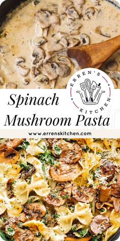 spinach mushroom pasta in a skillet with a wooden spoon and the title overlay reads spinach mushroom pasta