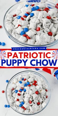 This Patriotic Puppy Chow recipe is a simple, no-bake sweet treat that is perfect for 4th of July, Memorial Day, or any summer gathering! Chocolate peanut butter coated rice chex cereal covered in powdered sugar with red and blue M & M’s throughout! A fail proof recipe even the kids can help make! Blue Puppy Chow, Puppy Chow Crispix Recipe, Puppy Chow Halloween, Puppy Chow Snack, Chex Mix Recipes Original, Puppy Chow Christmas, Puppy Chow Chex Mix Recipe