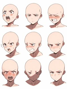 an animation character's head is shown with different facial expressions and haircuts