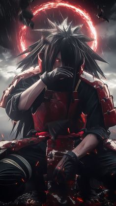 an anime character sitting on top of a red object in front of a cloudy sky