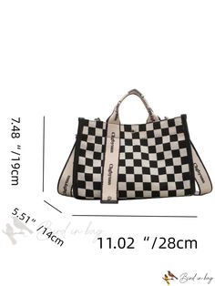 Bird in Bag - Black and White Plaid Fashionable Handbag with Adjustable Shoulder Strap Trendy Black Canvas Bag With Zipper Closure, Trendy Black Canvas Satchel Bag, Chic Black Canvas Bag With Adjustable Strap, Chic Black Canvas Bag With Handles, Chic Black Canvas Bag With Removable Pouch, Trendy Black Canvas Bag For Errands, Black Casual Bags For Errands, Casual Black Bags For Errands, Trendy Black Canvas Bag With Removable Pouch