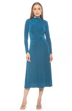 An elegantly draped funnel neck and gathered waist highlight a charming fit-and-flare dress constructed with comfortable stretch. 51 1/2" length Hidden back-zip closure Funnel neck Long sleeves Partially lined 97% polyester, 3% spandex Machine wash, line dry Imported Elegant Blue Cowl Neck Dress, Formal High Neck Ruched Midi Dress, High Neck Ruched Dress For Fall, Evening Dress With Ruched Fitted Waist, Evening Ruched Dress With Fitted Waist, Evening Midi Dress With Gathered Waist, Cocktail Dresses With Gathered Waist And Fitted Style, Fitted Cocktail Dress With Gathered Waist, Fitted Dresses With Gathered Waist For Cocktail