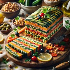 an assortment of food is displayed on a wooden platter with olives, lemons and tomatoes