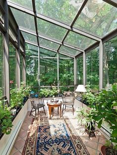 a sun room filled with lots of windows and plants on top of a rug in front of a table