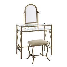 a vanity with a mirror and stool on it's side, against a white background