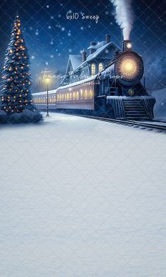 a train is coming down the tracks in front of a christmas tree