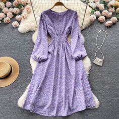 Purple Long Sleeve Dress For Winter, Purple Long Sleeve Maxi Dress For Spring, Casual Purple Winter Dresses, Cottagecore Floral Print Midi Dress, Purple Knee-length Winter Dress, Purple Long Sleeve Midi Dress With Floral Print, Multicolor Long Sleeve Non-stretch Dress, Spring Princesscore Dresses With Floral Print, Purple Long Sleeve Floral Print Midi Dress