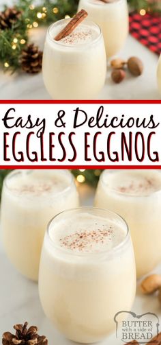 two glasses filled with eggless eggnog next to pine cones and cinnamon sticks