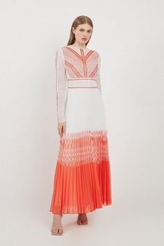 Guipure Lace Pleated Printed Woven Maxi Dress | Karen Millen Evening Maxi Dress With Contrast Lace, Summer Formal Lace Maxi Dress, Spring Formal Maxi Dress With Lace Trim, Summer Party Dress With Contrast Lace, Summer Formal Maxi Dress With Lace Trim, Formal Summer Maxi Dress With Lace Trim, Spring Evening Dress With Contrast Lace, Evening Dress With Contrast Lace For Spring, Spring Party Maxi Dress With Lace Trim