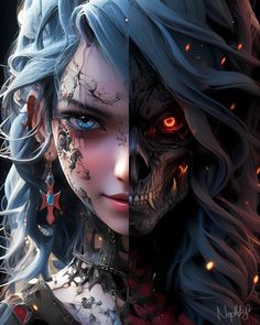 two different images of the same woman with blue hair and red eyes, one is looking at