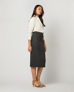 The Evelyn is the newest add to our pull-on skirt lineup, with a tapered, pencil fit and welt pockets at the hip. The fabric is the real star here… a rich stretch hopsack from Italy with a beautiful dimension to it. Pair it up with the matching Reese top and a pair of boots. Chicer than chic. Real Star, Clothing Catalog, Buckle Shoes, Sweater Gift, Liberty Fabric, Boots And Sneakers, Scarf Jewelry, Sweater Pants, Heeled Loafers