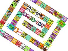 a colorful game board with words and pictures on the front, along with an image of a person's face