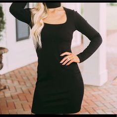 Brand New Black Cocktail Dress Fits Like 6-8 Black Bodycon Dress With Square Neck For Spring, Black Square Neck Bodycon Dress For Spring, Black Bodycon Dress With Square Neck For Date Night, Black Square Neck Bodycon Dress For Night Out, Black Square Neck Bodycon Dress For Date Night, Trendy Black Bodycon Dress With Square Neck, Trendy Black Square Neck Bodycon Dress, Black Fitted Bodycon Dress For Day Out, Chic Black Bodycon Dress For Day Out