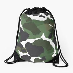 a green and white camouflage print drawsack bag with black string closures on the side