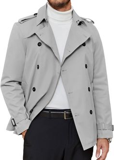 This men’s double-breasted, belted short trench coat is designed with a modern silhouette and classic styling, offering a sleek and stylish look. The coat exudes sophistication with a relaxed fit and notch lapel for a timelessly fashionable appeal. Durable materials with wind and water-proofing will keep you warm and dry all season long. 100% Polyester Machine Wash Material: Functional Casual Short Trenchcoat for men is well made of polyester, windproof fabric, fully lining, classy design, lightweight transition overcoat is great for spring, autumn and early winter, durable and comfortable SIZE NECK CHEST WAIST SLEEVE S 14-14½″ 34-36″ 28-30″ 32-33″ M 15-15½″ 38-40″ 32-34″ 33-34″ L 16-16½″ 42-44″ 36-38″ 34-35″ XL 17-17½″ 46-48″ 40-42″ 35-36″ 2XL 18-18½″ 50-52″ 44-46″ 36-37″ 3XL 19-19½″ 54-5 Spring Business Outerwear With Belted Cuffs, Business Pea Coat With Belted Cuffs, Solid Pea Coat For Business In Spring, Solid Pea Coat For Spring Business Occasions, Classic Pea Coat With Belted Cuffs For Spring, Casual Belted Business Outerwear, Modern Double-breasted Spring Outerwear, Casual Belted Outerwear For Business, Business Pea Coat With Belted Cuffs And Lapel Collar